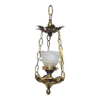 Vintage Brass Lantern With Frosted Flower Shaped Glass Shade For Sale