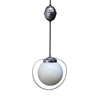 French Nickel Plated Pendant Lamp with White Opaline Globe, 1950s For Sale