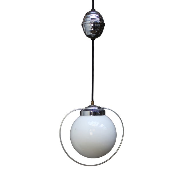French Nickel Plated Pendant Lamp with White Opaline Globe, 1950s For Sale