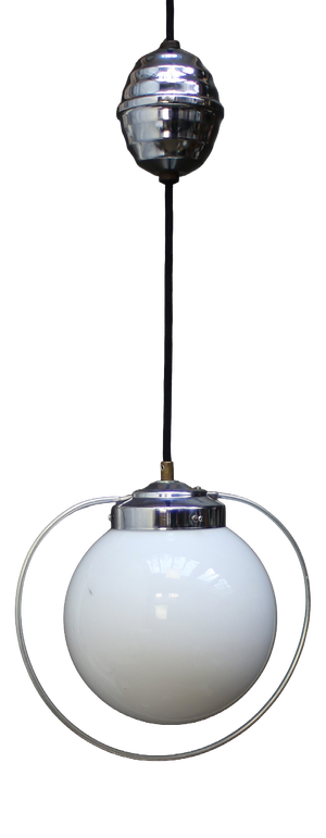 French Nickel Plated Pendant Lamp with White Opaline Globe, 1950s