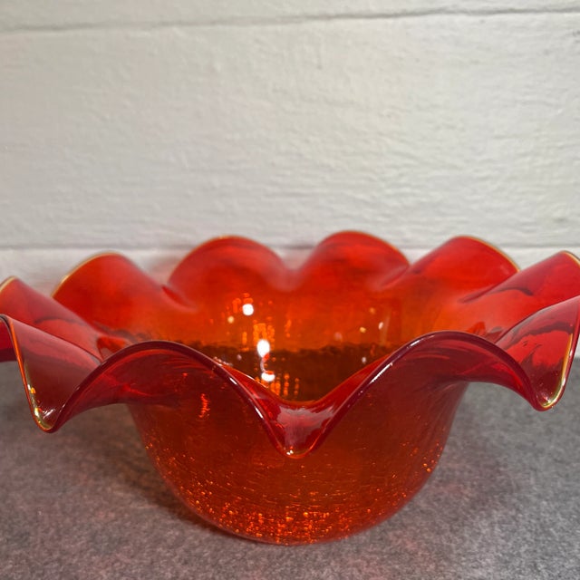 Orange Large Mid-Century Blenko Attributed Orange Crackle Glass Bowl For Sale - Image 8 of 10