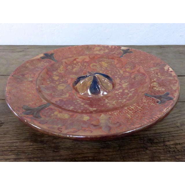 Antique Spanish Terra Cotta Lustreware Plate With Blue Fleur De Lis Detail From Manises, Valencia For Sale - Image 4 of 5