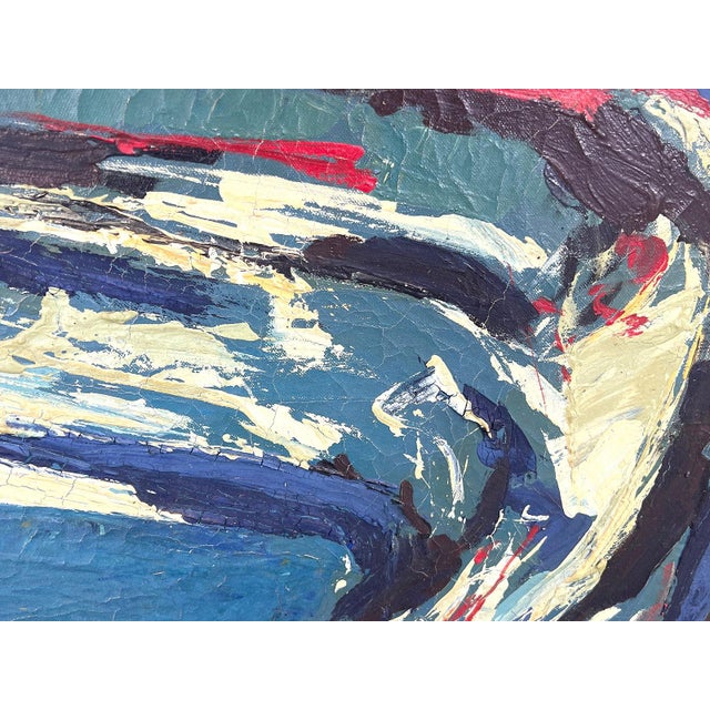 Vintage MCM Large 47" Blue Abstract Modern Painting Signed Harris For Sale - Image 9 of 12