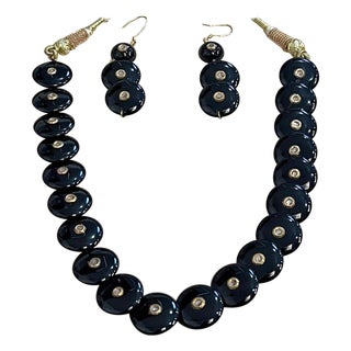 Round Circle Black Onyx with Rose Cut Diamond 18 Karat Gold Necklace, Earrings For Sale