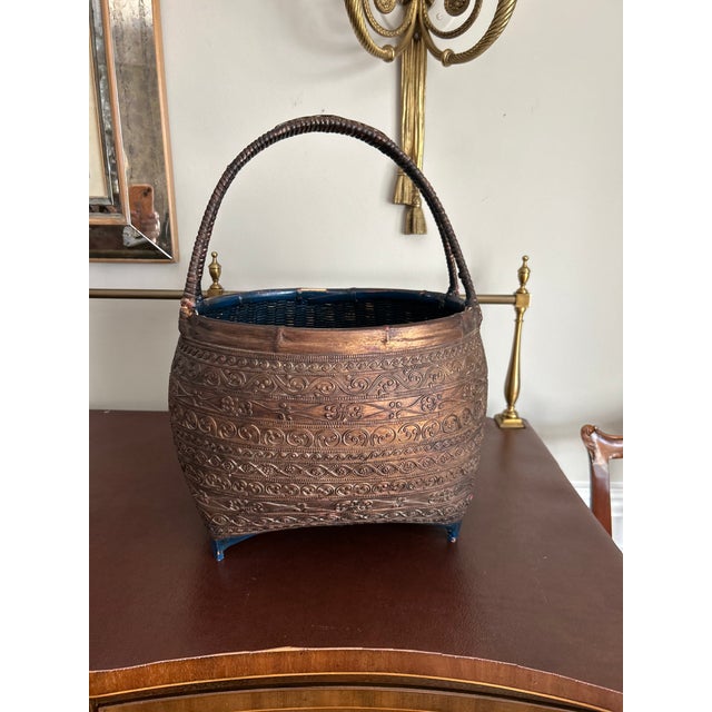 Vintage Burmese Gilt Relief Lacquer Basket With Blue Interior For Sale - Image 4 of 8