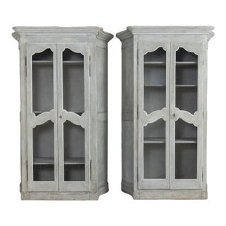 19th Century Pair of French Blue Gray Painted Armoire Cabinets With Serpentine Sides For Sale