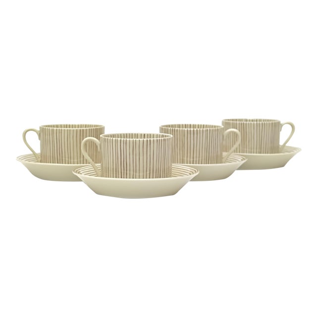 Classic Pin-Striped Porcelain Cups and Saucers by Fitz & Floyd - 8 Pieces For Sale