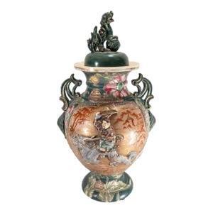 1900's Japanese Decorative Kutani or Satsuma Green Porcelain Floor Vase