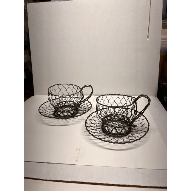 1920s Vintage Wire Folk Art Tea Cups Set/2 For Sale - Image 5 of 6