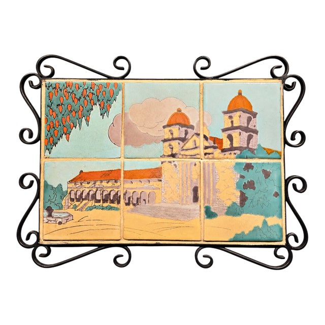 Taylor Tilery –Mission Santa Barbara,1930s Spanish Revival Hand-Painted Tile Panel in Iron Frame For Sale