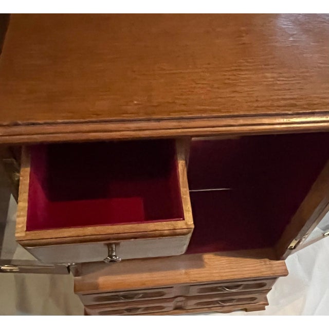 American Large Vintage Jewelry Box Armoire Chest 16" Wood 2 Floral Rose Etched Glass Doors 5 Drawers Red Velvet Mirror Hooks Cottage Core For Sale - Image 3 of 10