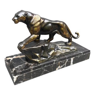 Art Deco Panther Sculpture in Spelter and Marble, 1930s For Sale