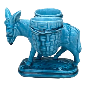 French Aqua Majolica Donkey Vallauris With Basket Clement Massier , Circa 1900