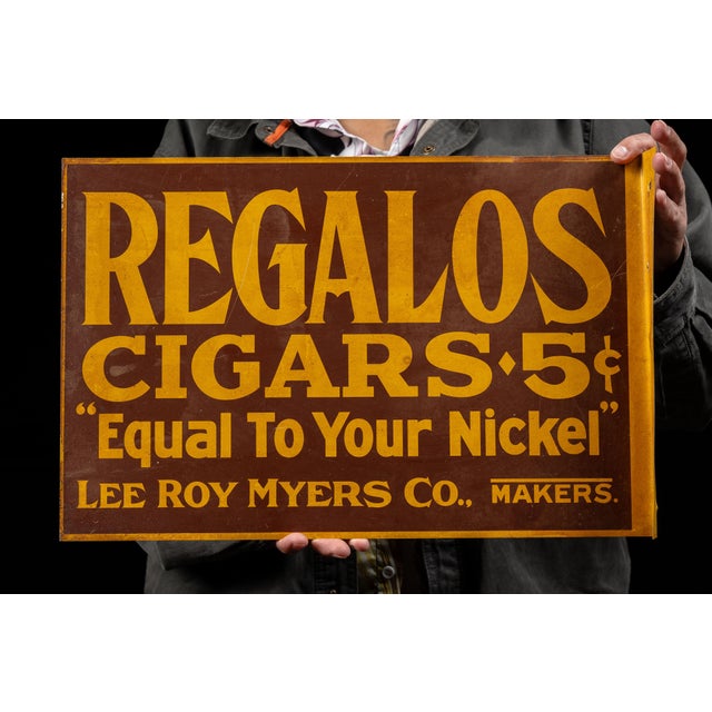 American Antique Regalos Cigars Double-Sided Tin Flange Sign For Sale - Image 3 of 5