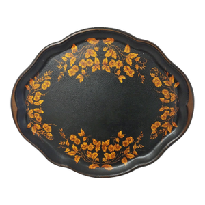 Antique Victorian Hand Painted Black Lacquered Tin Toleware Tray