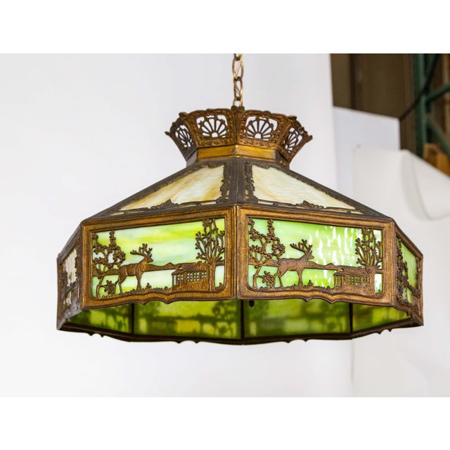 Light Green Early 20th Century Pale Green-Amber Slag Glass Pendant Light With Scenic Trim For Sale - Image 8 of 12
