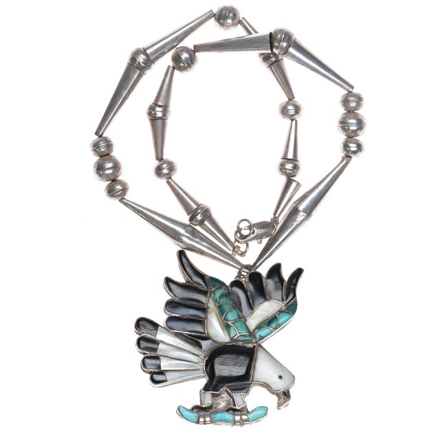Vintage Zuni silver Eagle pendant on beaded necklace. Both likely from the third quarter of the 20th century, weight and...