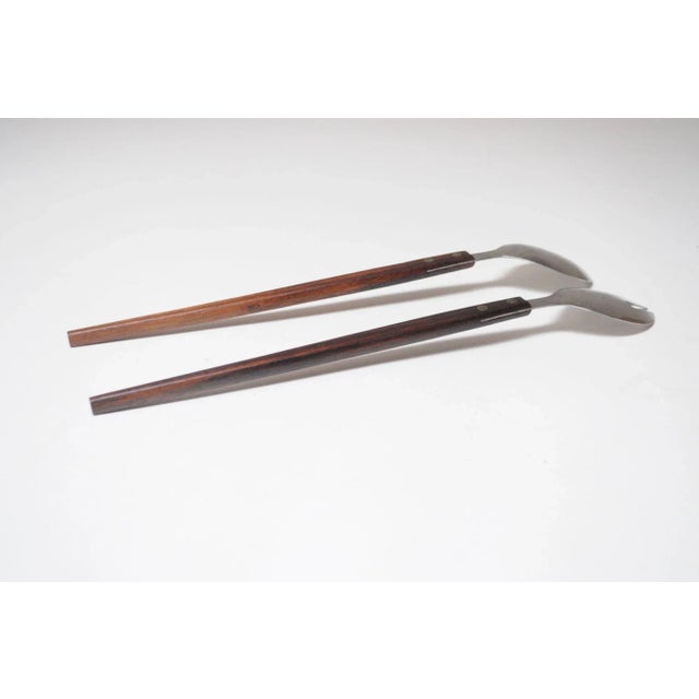 Vintage Japanese Modernist Rosewood and Stainless Steel Salad Tongs/Serving Utensils For Sale - Image 4 of 11