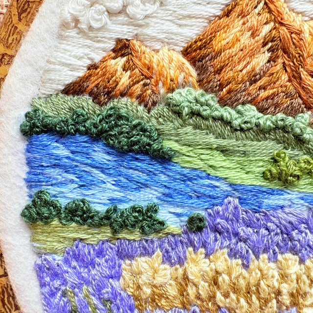 Golden Hour Peaks & Lavender Field - Hand-Embroidered Wall Art For Sale - Image 10 of 14