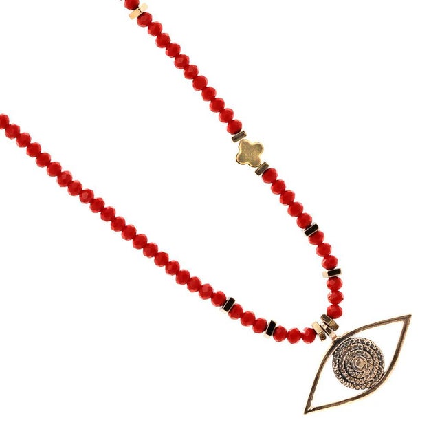 Bronze Christmas Vibe Watchful Evil Eye Pendant Red Beaded Necklace For Sale - Image 8 of 11