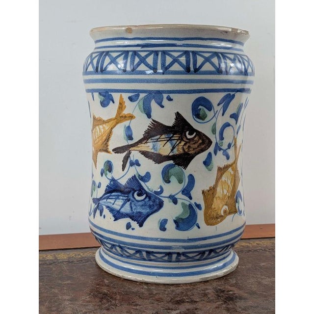 18th Century Sicilian Caltagirone Tin-Glazed Albarello with Fish Decoration For Sale - Image 4 of 13