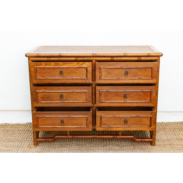 Wood 20th Century Faux Bamboo & Cane 6-Drawer Dresser For Sale - Image 7 of 10