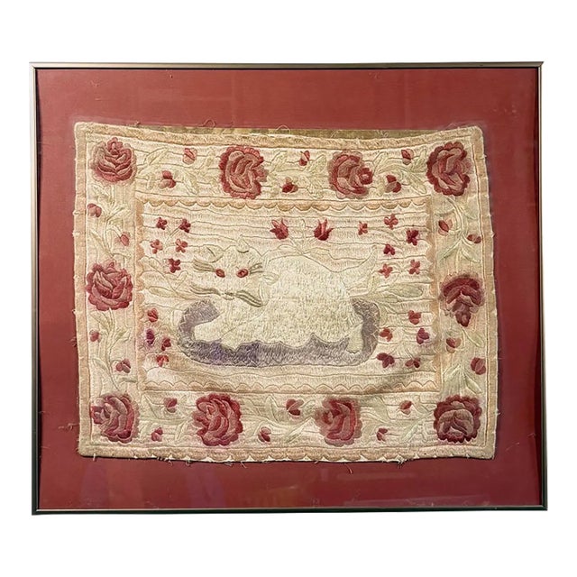 Antique Folk Art Cat Silk Embroidery in Frame For Sale