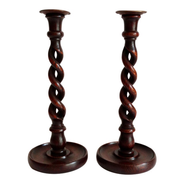19th-Century English Oak Twist Candlesticks, a Pair For Sale