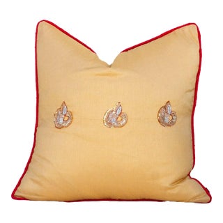 Gold Peacock Sage Silk Blend Pillow Cover For Sale