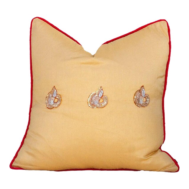 Gold Peacock Sage Silk Blend Pillow Cover For Sale