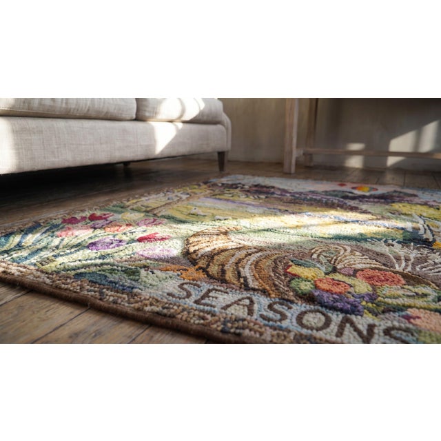 1940s Multicolor Scenic Winter Folk Art American Hooked Rug 3'2" X 3'10" Handknotted Wool Carpet For Sale - Image 11 of 13