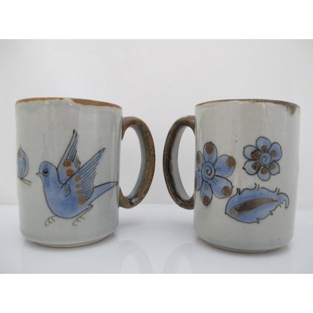 Mid 20th Century Ken Edwards El Palomar Blue Bird Flowers Mexican Tonala Folk Art Coffee Cup Pair For Sale - Image 5 of 7