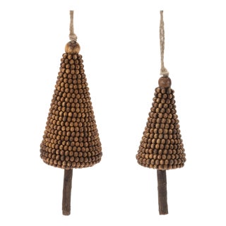 Wood Beaded Pine Tree Ornament (Set of 4) For Sale