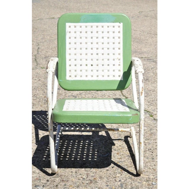 Art Deco Metal Basketweave Old Green White Porch Outdoor Spring Arm Chair. Item features original green and white painted...