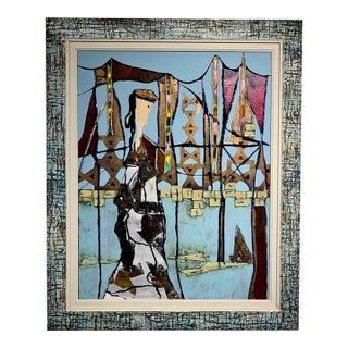 Andrea Stella "The Muse of the Bay" Gold Leaf Oil Mixed Media Painting, Figurative Coastal, Italian Contemporary Art, 2010 For Sale
