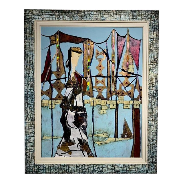 Andrea Stella "The Muse of the Bay" Gold Leaf Oil Mixed Media Painting, Figurative Coastal, Italian Contemporary Art, 2010 For Sale