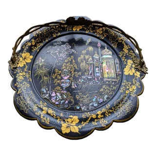 1910s Victorian Antique Inlaid Mother of Pearl and Paper Mache Tray With Brass Handle For Sale