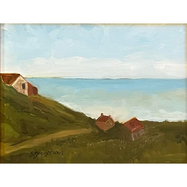 Oil painting on walnut board of three houses by the sea by Satori Gregorakis. Signed in the lower left corner. Framed. I...
