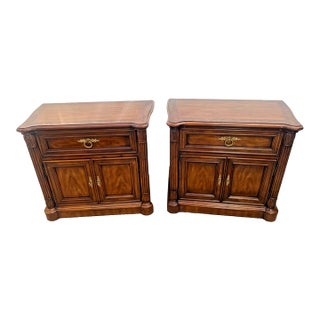 1980s Drexel Heritage Laureate Nightstands End Tables Double Door Cabinet, Drawer Pair For Sale