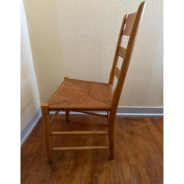 Vintage Ethan Allen Rustic Farmhouse Round Pedestal Table With Ladder Back Handwoven Rush Chairs For Sale - Image 14 of 14