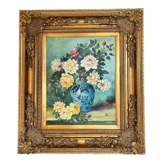Mid Century Floral Oil Painting in Gold Ornate Frame For Sale