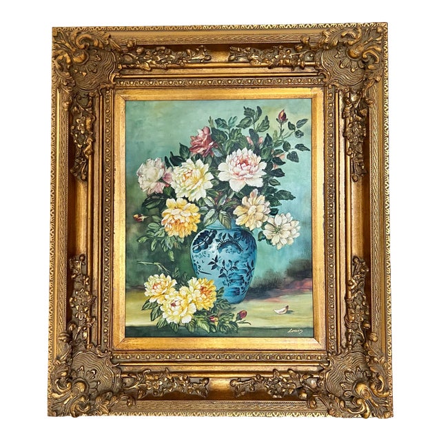 Mid Century Floral Oil Painting in Gold Ornate Frame For Sale