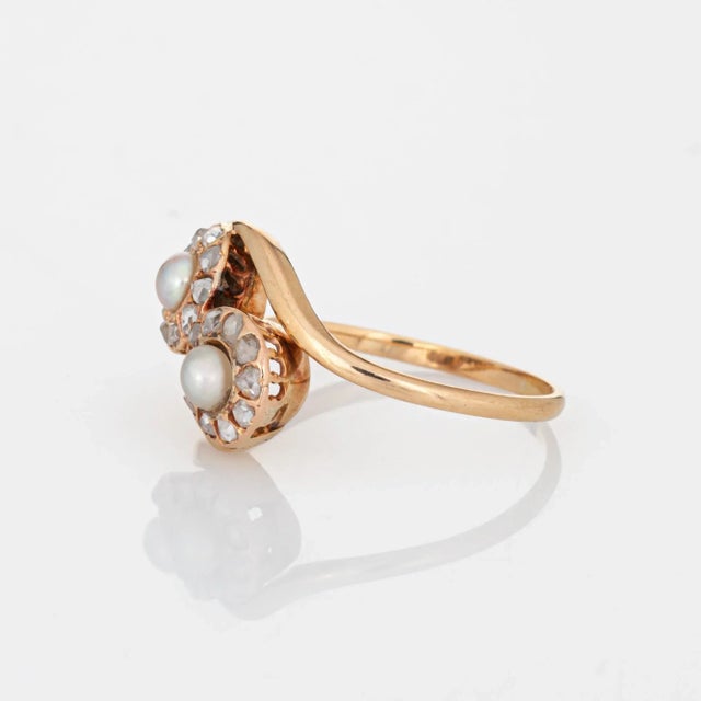 Vintage Art Deco Diamond Pearl Ring Moi et Toi 14k Gold Sz 9 Engagement Band For Sale - Image 4 of 6