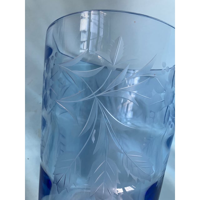 1930's American Engraved Cut Glass Cornflower Blue Pedestal Floral Vase For Sale In Monterey, CA - Image 6 of 11