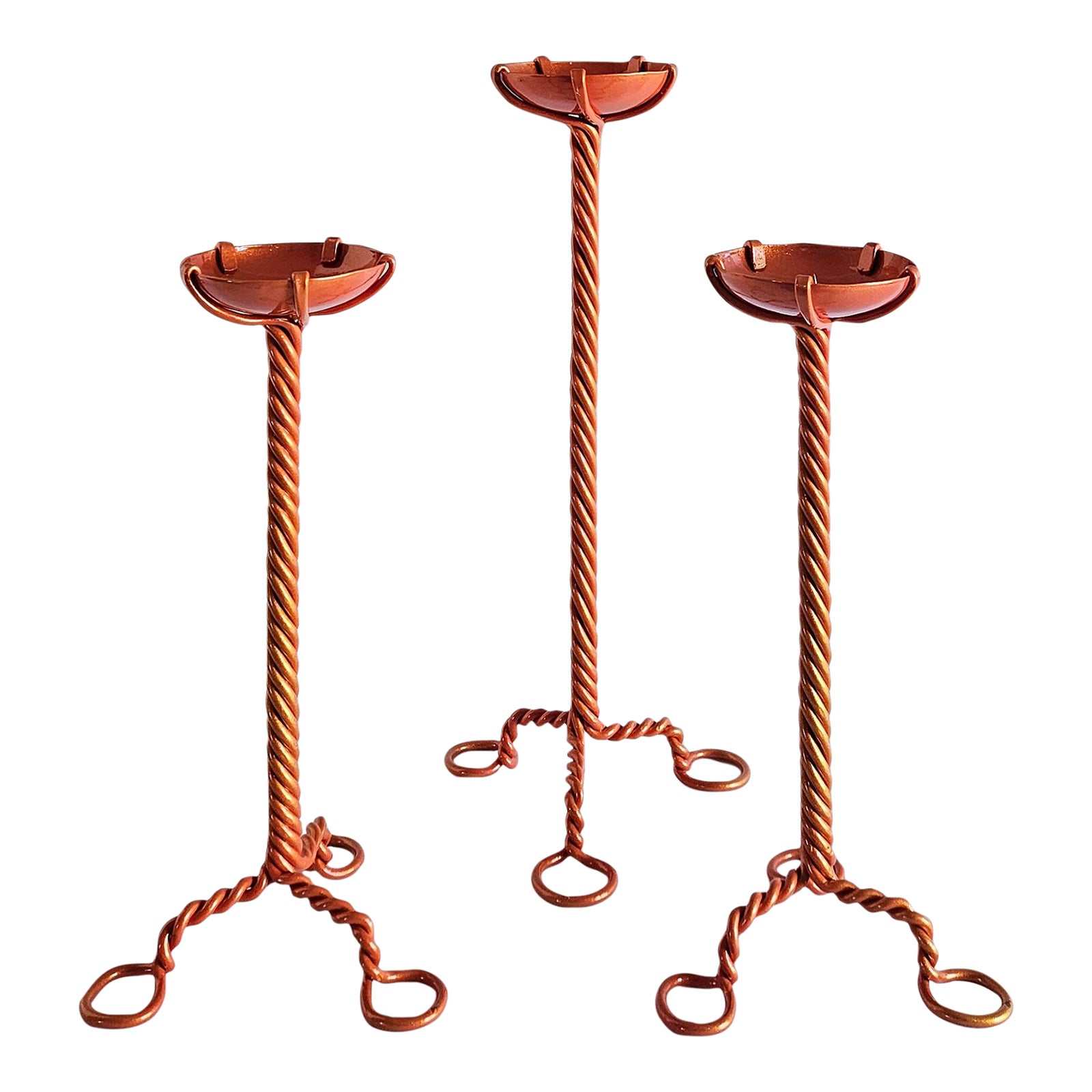1970s Twisted Steel and Copper Candlesticks Refinished in Metallic