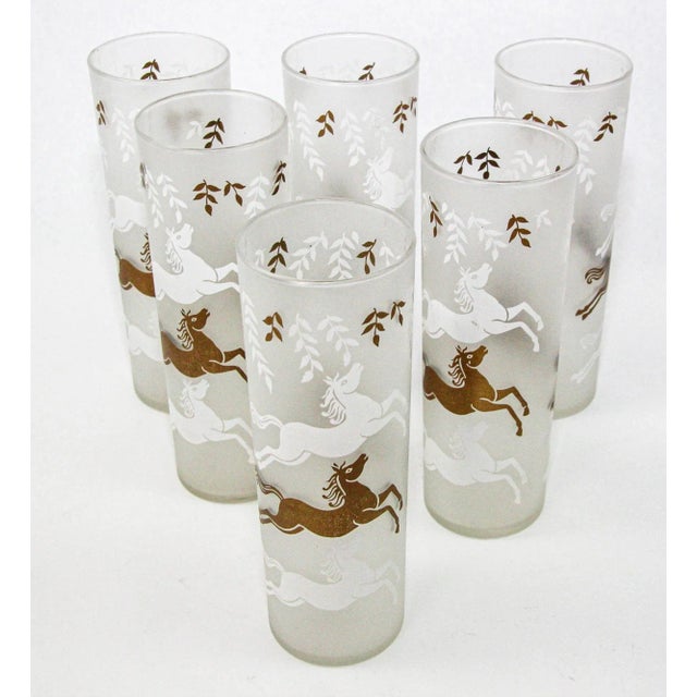 Libbey Glass Co. Equestrian Frosted and Gold Drink Glasses Cavalcade by Libbey Galloping Horses For Sale - Image 4 of 12