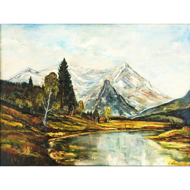 Gorgeous vintage landscape of Bavarian lake with snow-capped mountains in background. Signed illegibly bottom right corner...