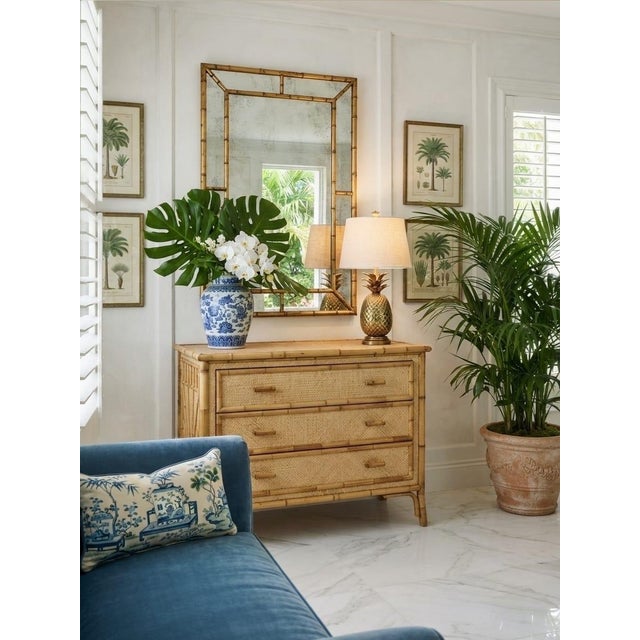 Ecru Vintage Tropical Rattan & Bamboo 3-Drawer Dresser With Sunburst Motif For Sale - Image 8 of 12