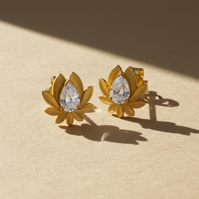 Pear-Cut Moissanite Lutus Flower Earrings Studs, Silver, Gold, Pair For Sale - Image 4 of 8
