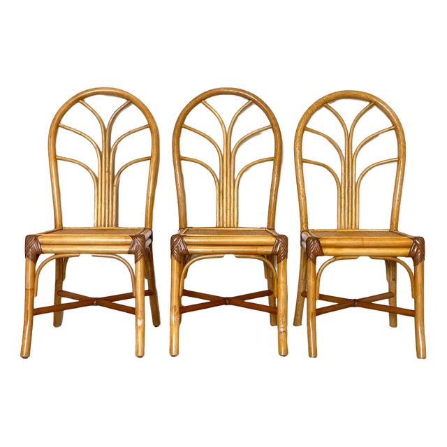 Bamboo & Leather Dining Chairs, 1970s, Set of 3 For Sale